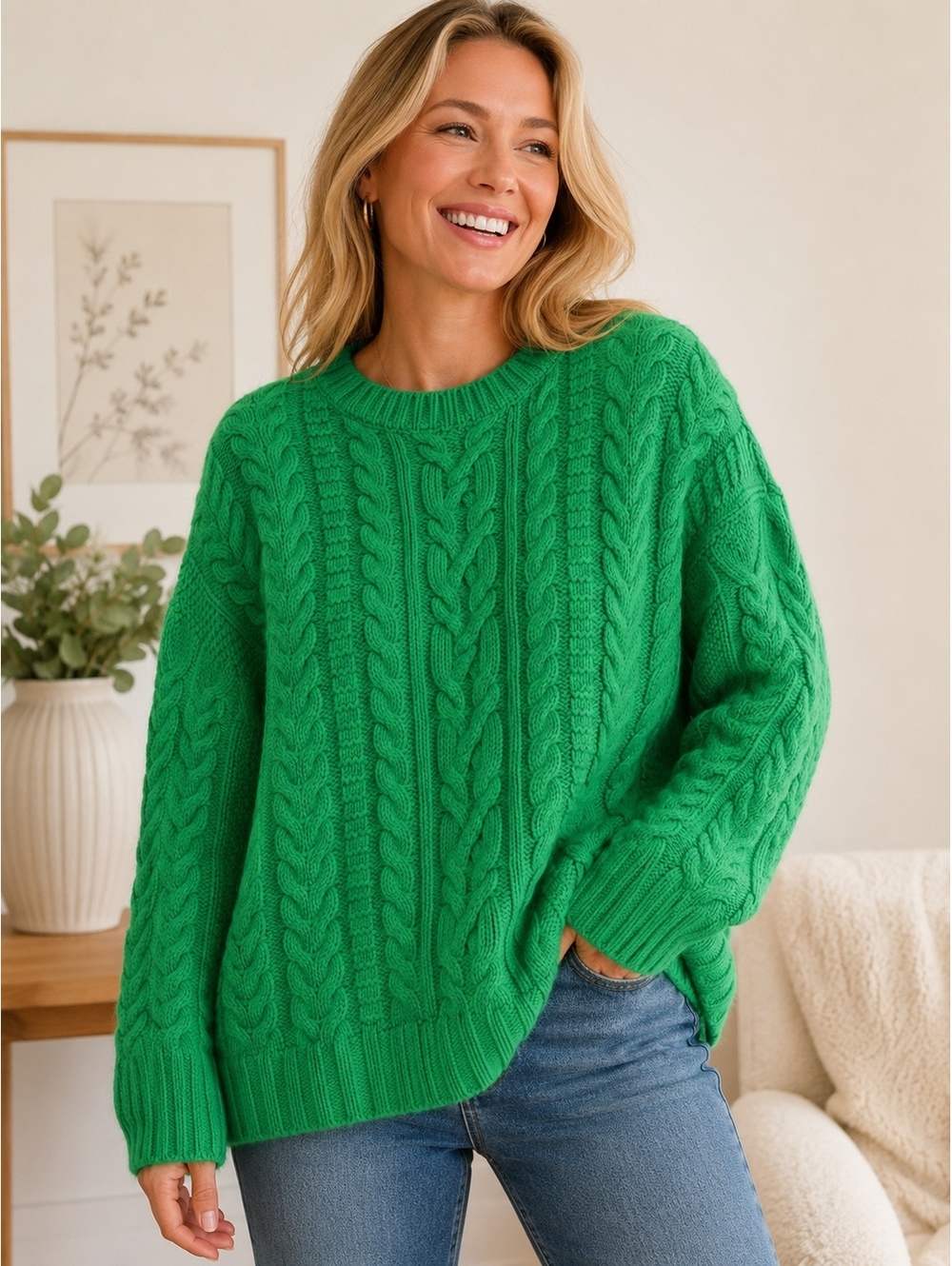 Lauren Ralph Lauren Women’s XL Green Cable Knit Cotton Sweater
